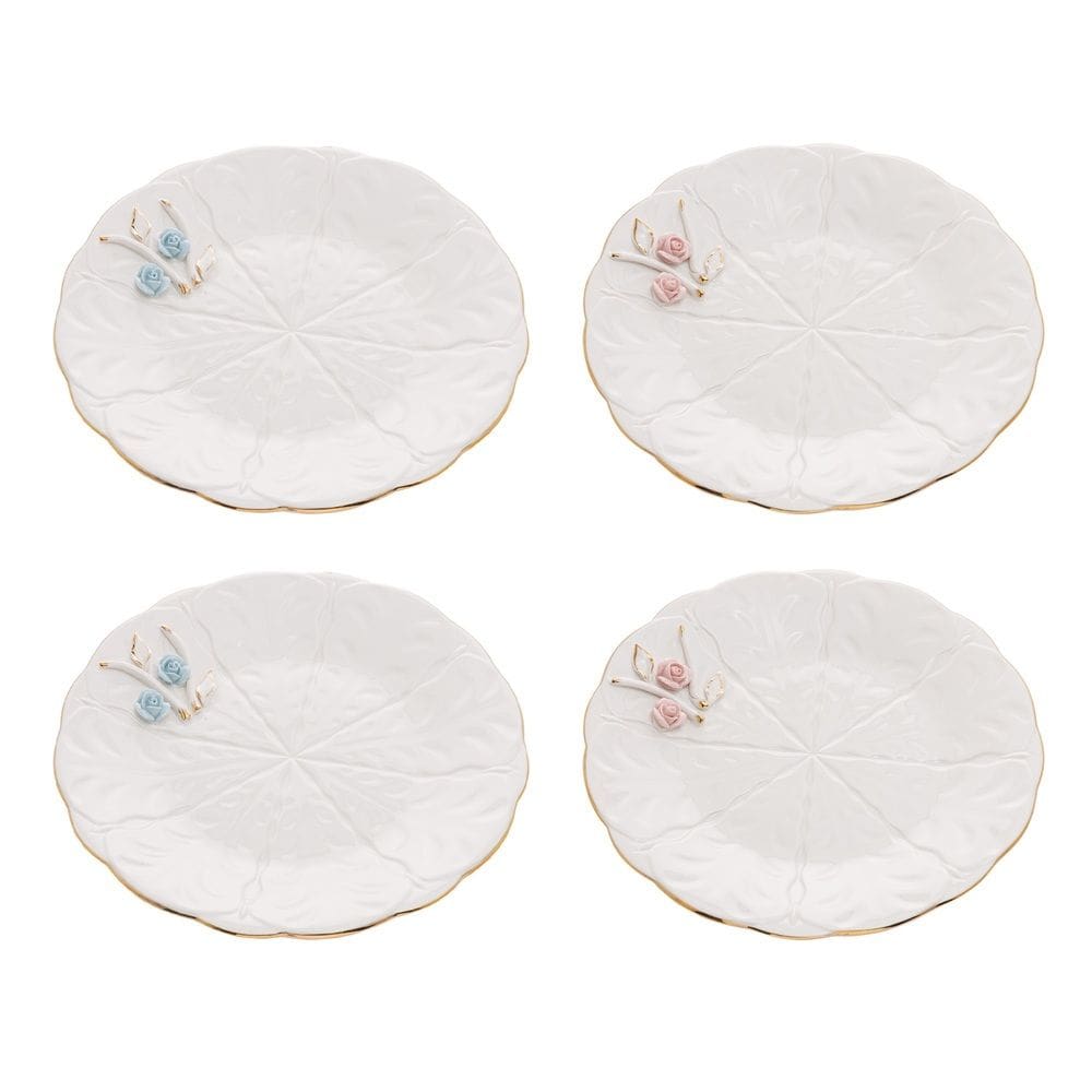Cj 4 Pratos para Sobremesa de Porcelana Branca Flower Design Plate Colorido 19cm Wolff