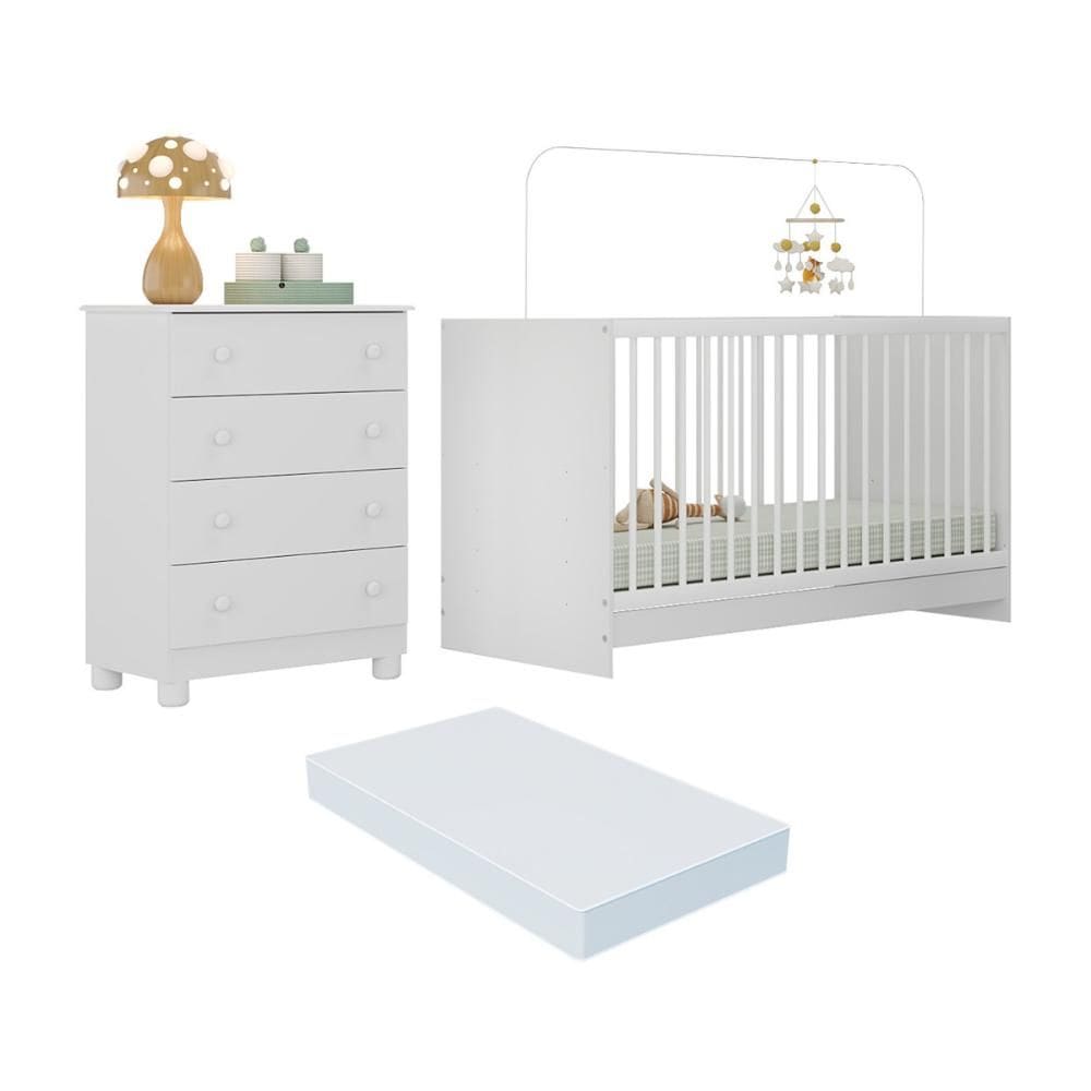 Berço 3 em 1 com Colchão Incluso e Cômoda 4 Gavetas Sol Multimóveis MP4776