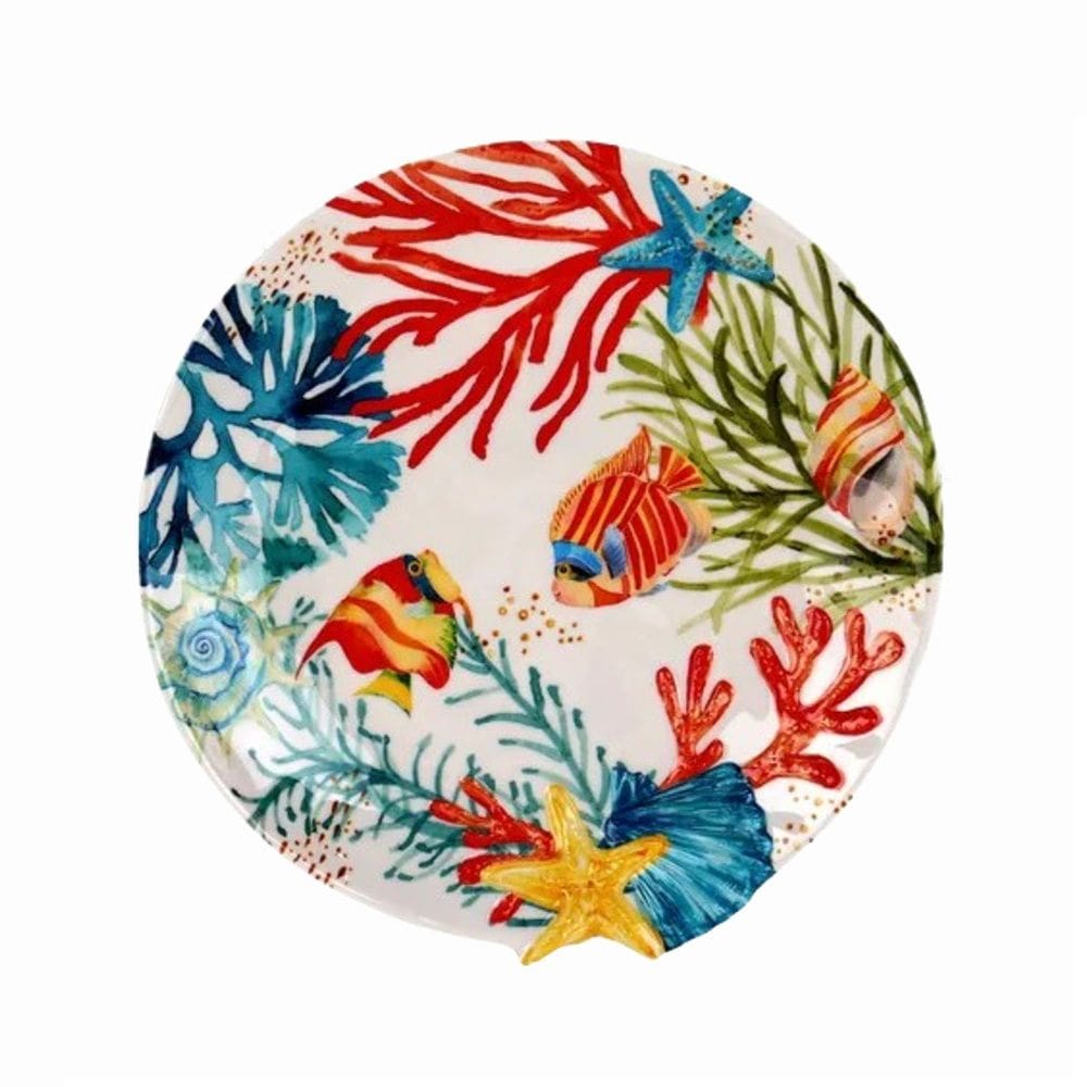 Prato P/Sobremesa de Melamina Branco C/Estampa Marinho Concha do Mar Azul 23,5cm Entrecasa