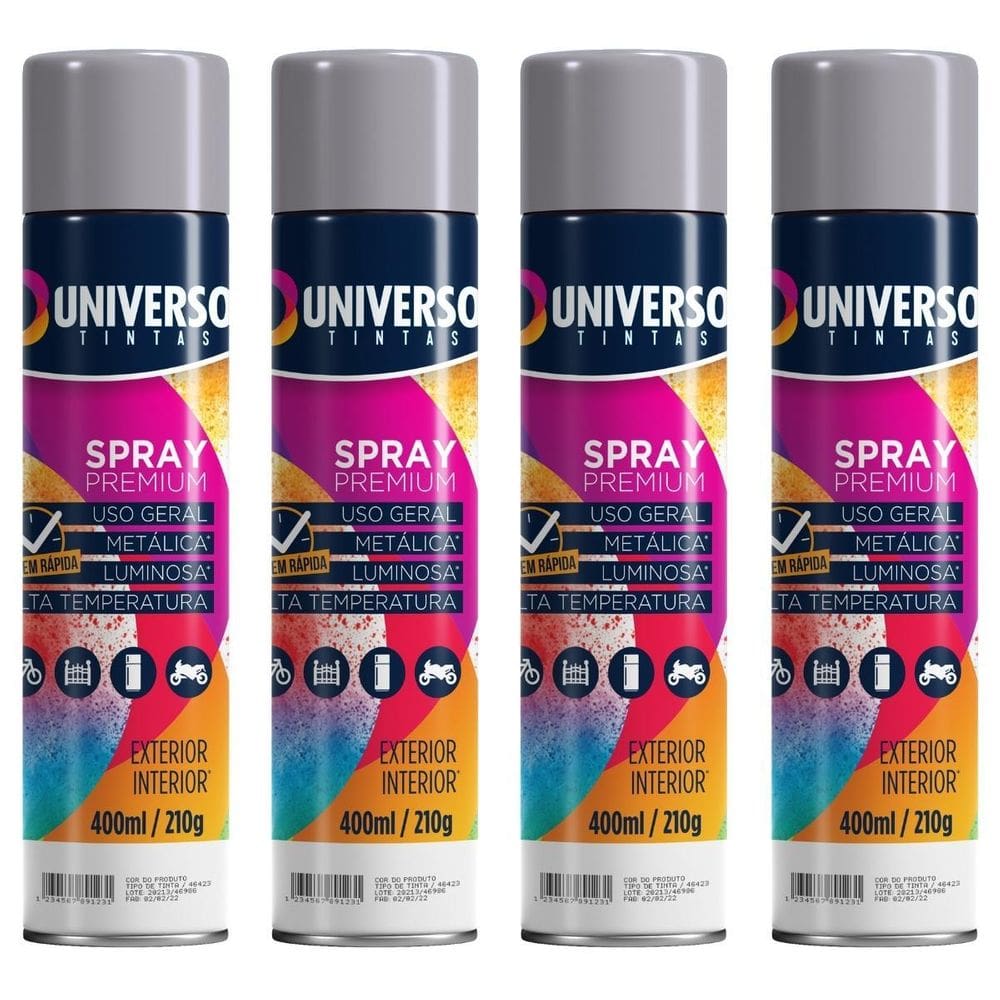 Kit 04 Latas Tinta Spray Cinza 400Ml Uso Geral Aço Couro