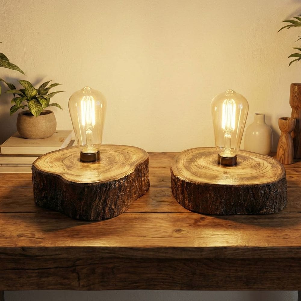 2 Luminarias Rusticas Mesa Madeira 19,5x18-18x17,5cm E27