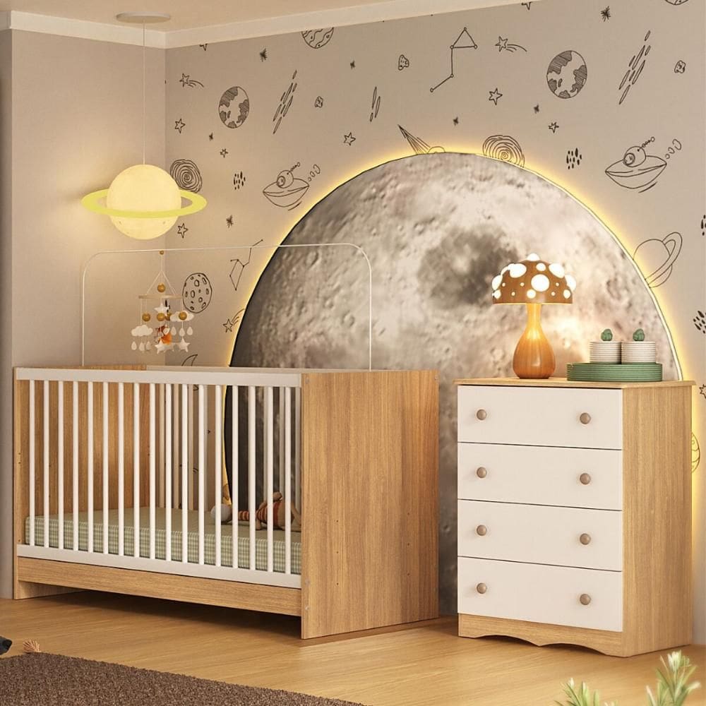 Berço 3 em 1 para Colchão 130x60cm com Cômoda 4 Gavetas Serena Multimóveis MP4745