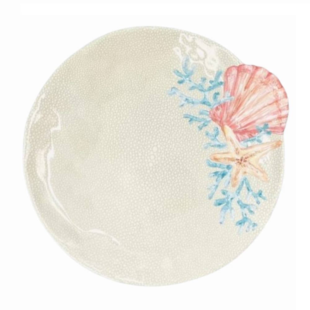 Prato Raso de Melamina Bege C/Desenho Marinho Concha do Mar Rosé 28cm Entrecasa