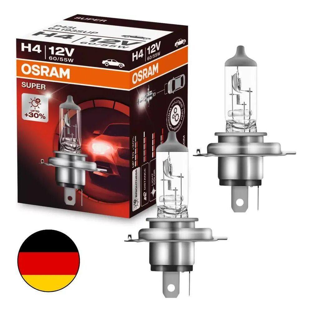 2X 2 Lâmpada Farol H4 Osram Super +30% Luz 60/55W 12V Aleman
