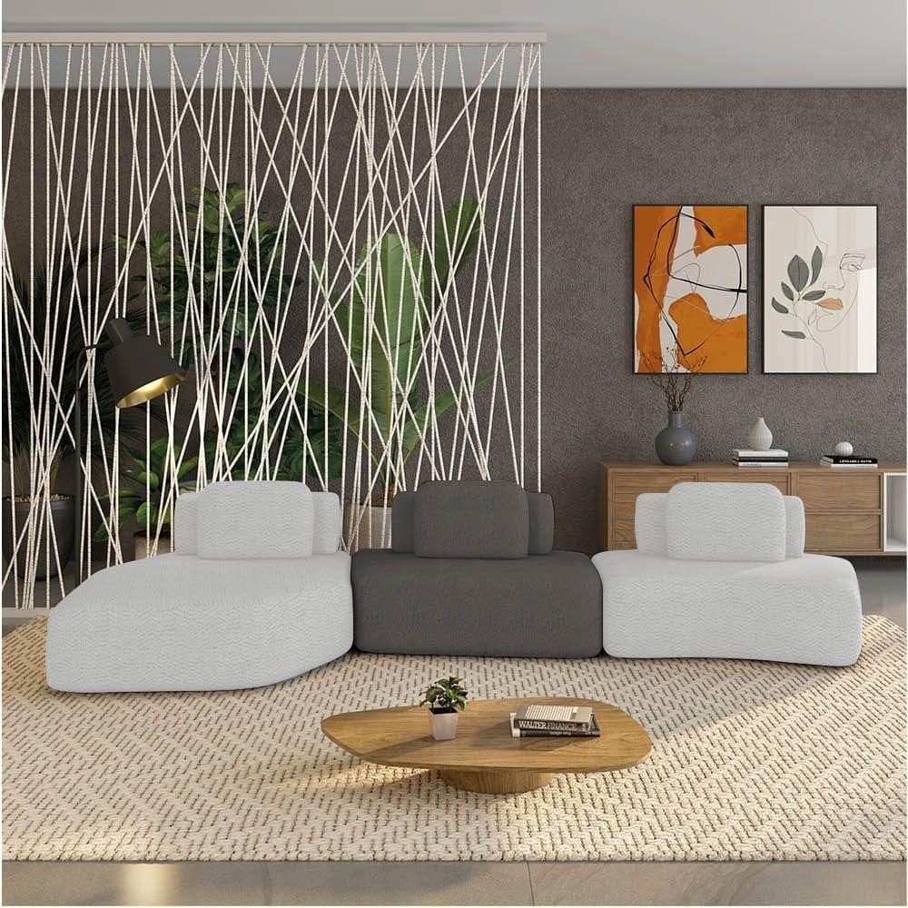 Sofá 3 Lugares Orgânico Com Chaise E 2 Módulos Berlim Bouclê Cinza Claro-grafite K01 - D`rossi
