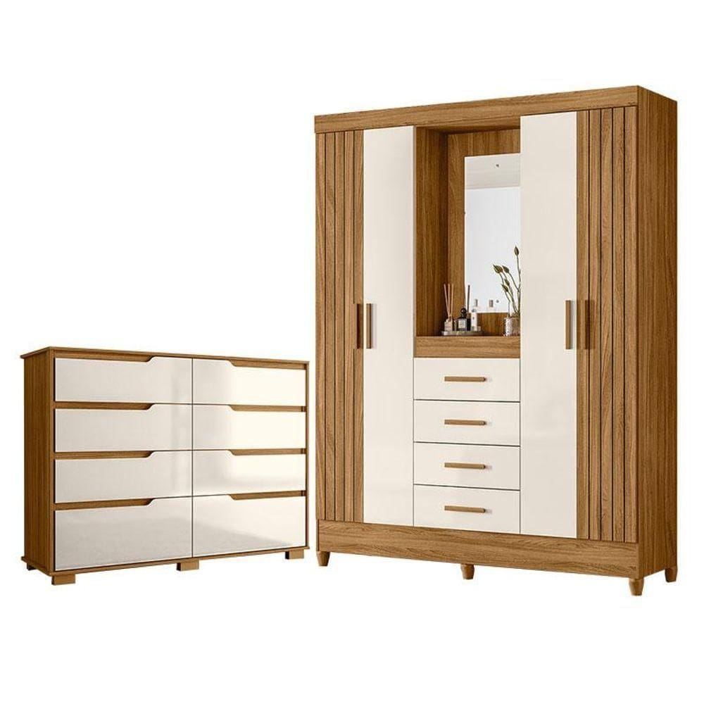 Guarda Roupa Solteiro Com Espelho Atenas E Cômoda Georgia Freijó Off White - Moval