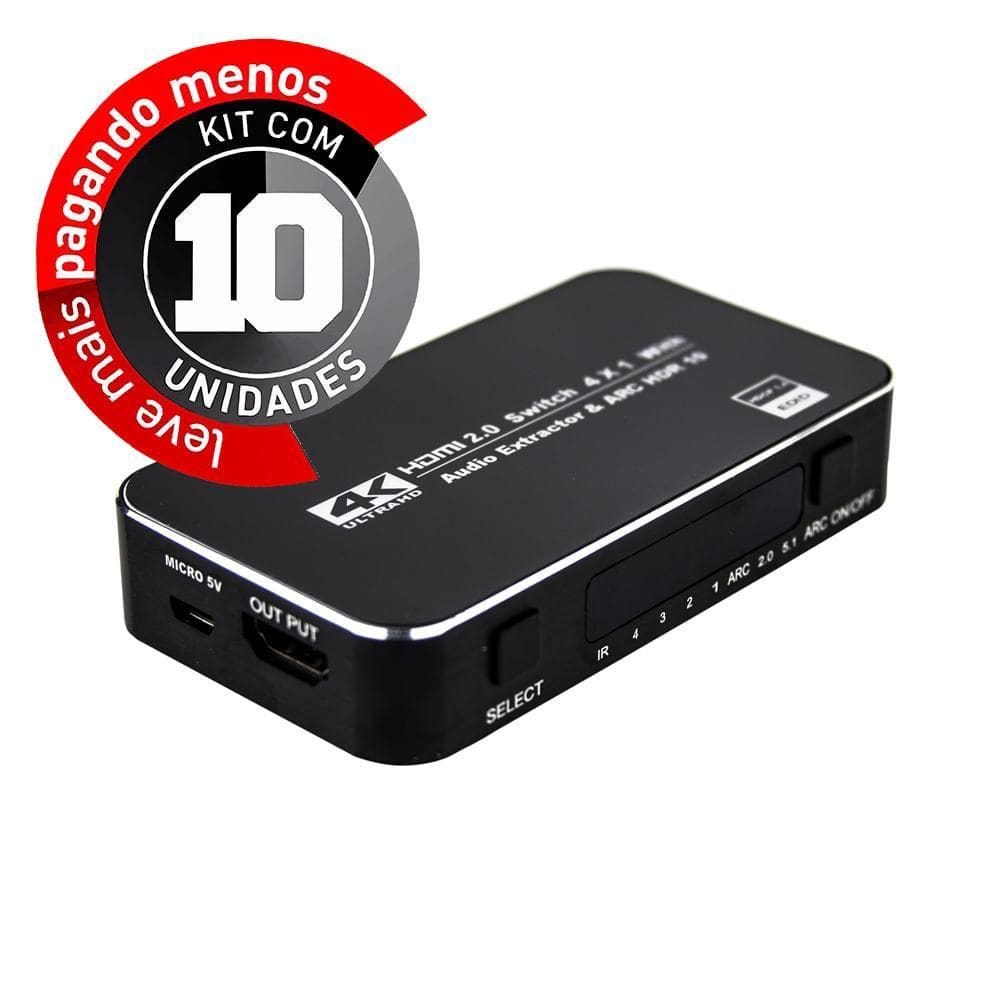 Switch Hdmi 2.0, 4K, 4 Portas Com Controle - Kit Com 10