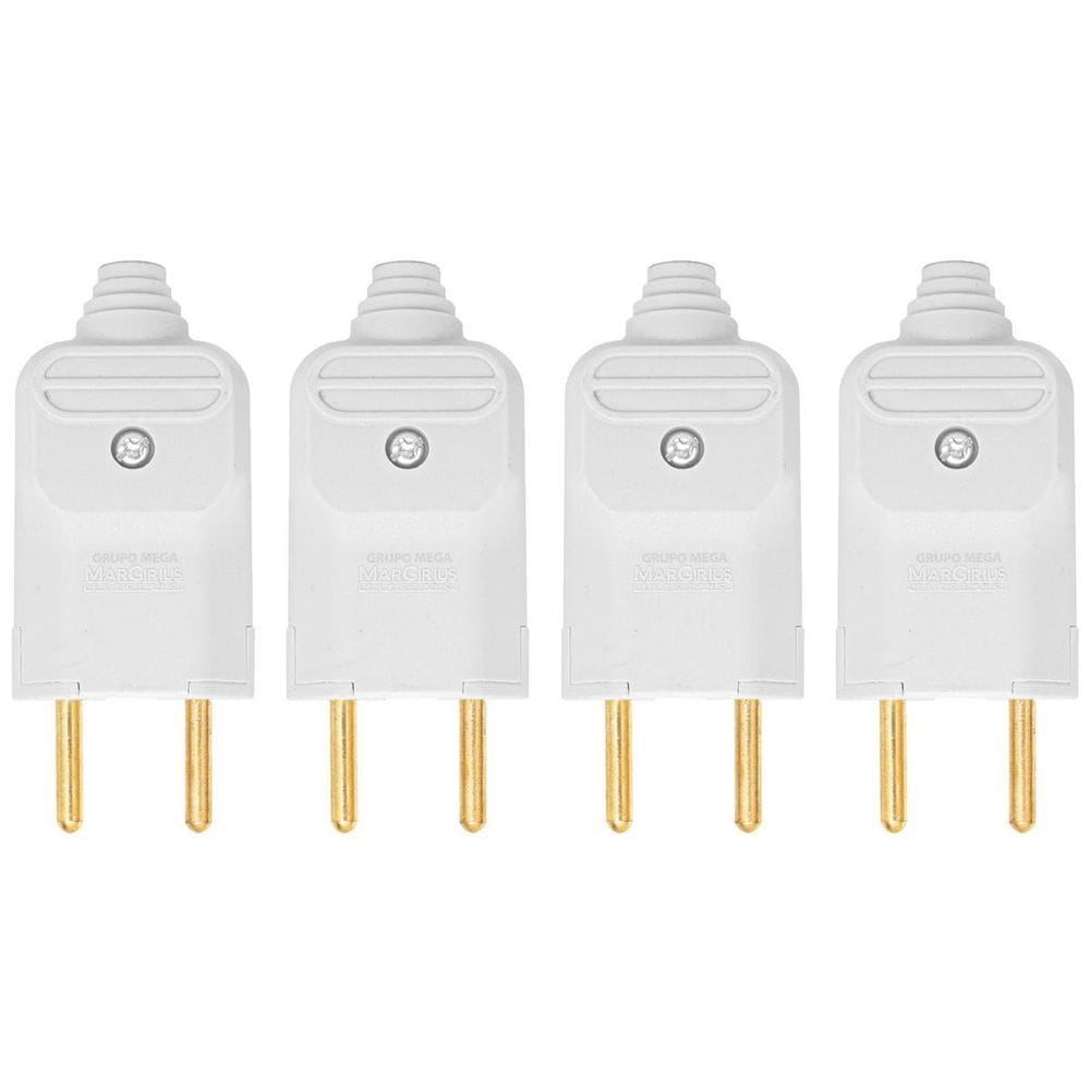Kit 4 Tomada Plug Macho Prensa Cabo 2 Pinos Finos 10A Branco