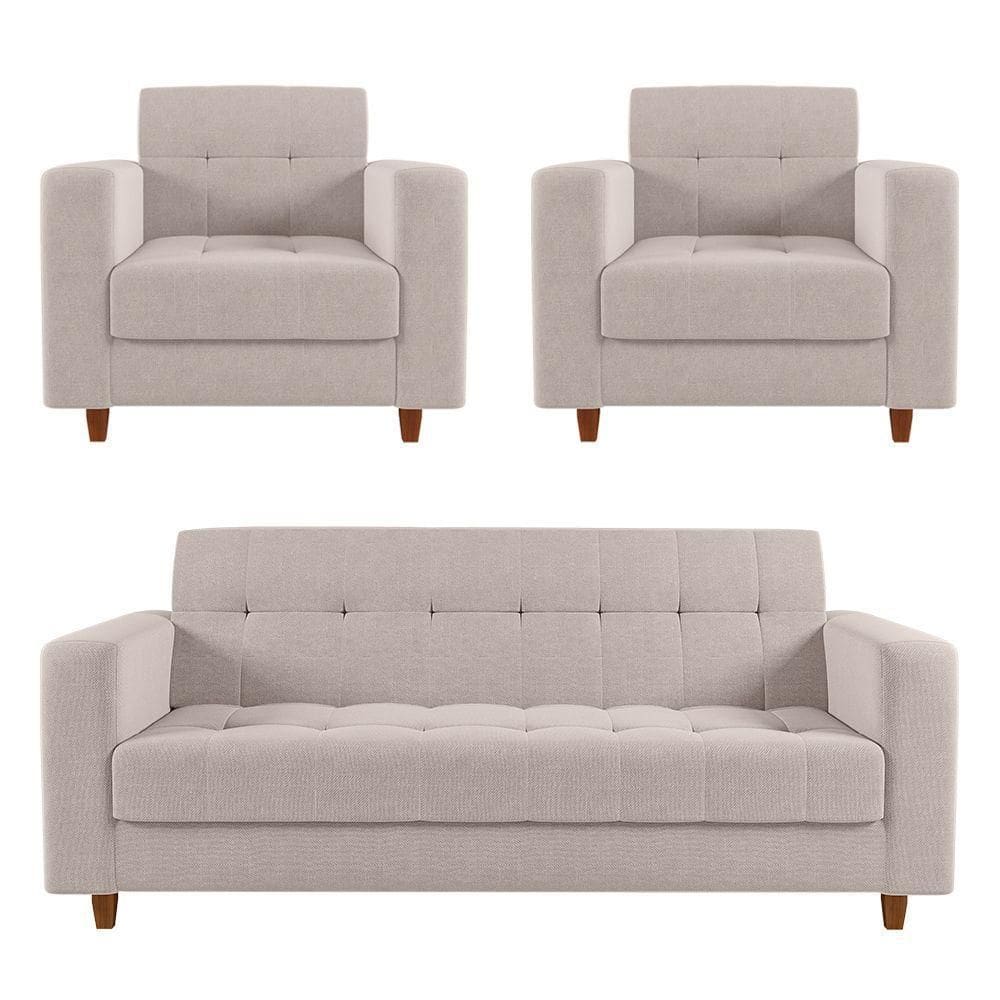 Sofá 2 Lugares E 2 Poltronas Pé Madeira Castanho Arezo Linho D01 - D`rossi A19 Bege