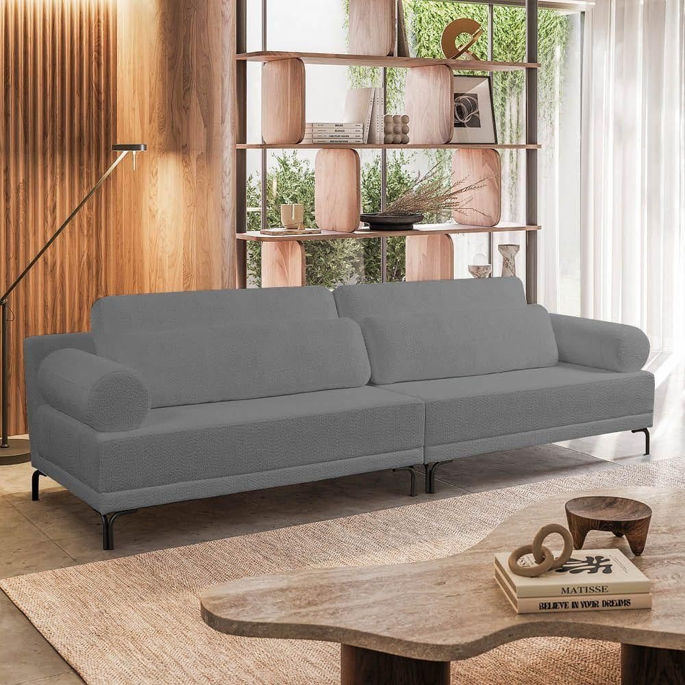 Sofá 3 Lugares Living 234cm Pé Ferro Romeu Bouclê K01 - D`rossi Cinza Escuro