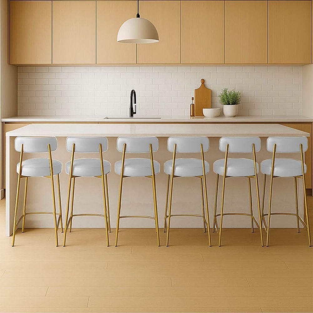 Banqueta Cozinha Média Com Encosto Industrial Dourado Kit 6 Londres Pu Branco D03 - D`rossi