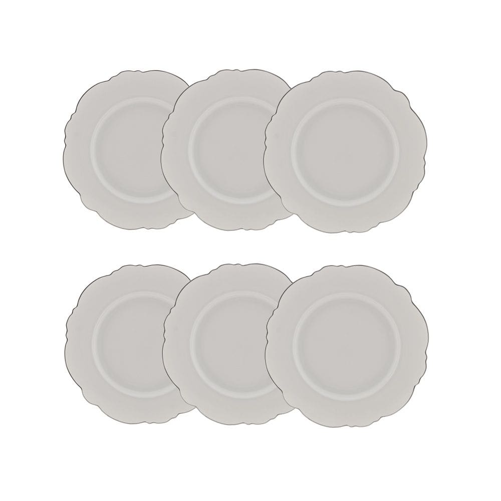 Cj 6 Pratos para Sobremesa de Porcelana Branca Maldivas C/Filete Prata 21cm Wolff