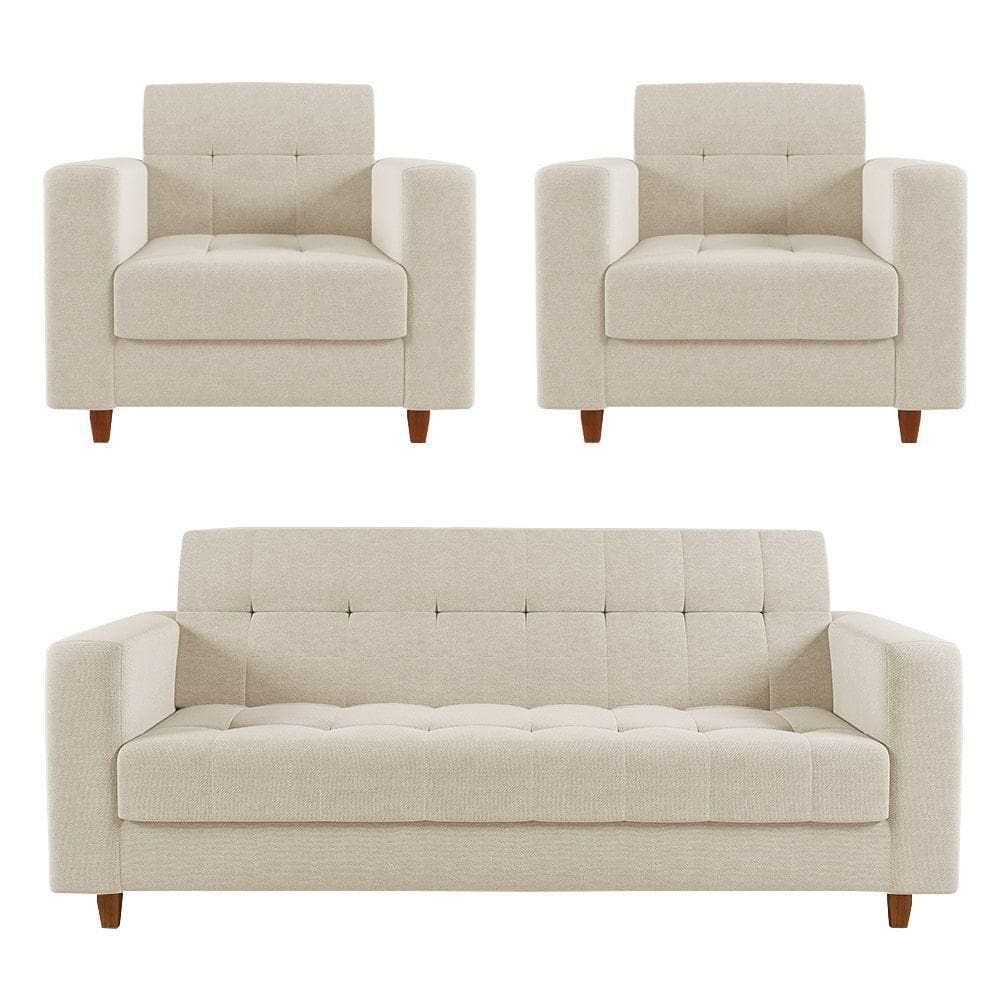 Sofá 2 Lugares E 2 Poltronas Pé Madeira Castanho Arezo Linho Bege D01 - D`rossi