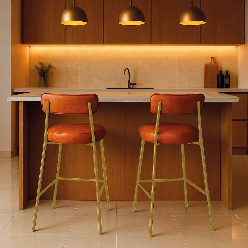 Banqueta Cozinha Alta Com Encosto Industrial Dourado Kit 2 Londres Pu Nozes D03 - D`rossi