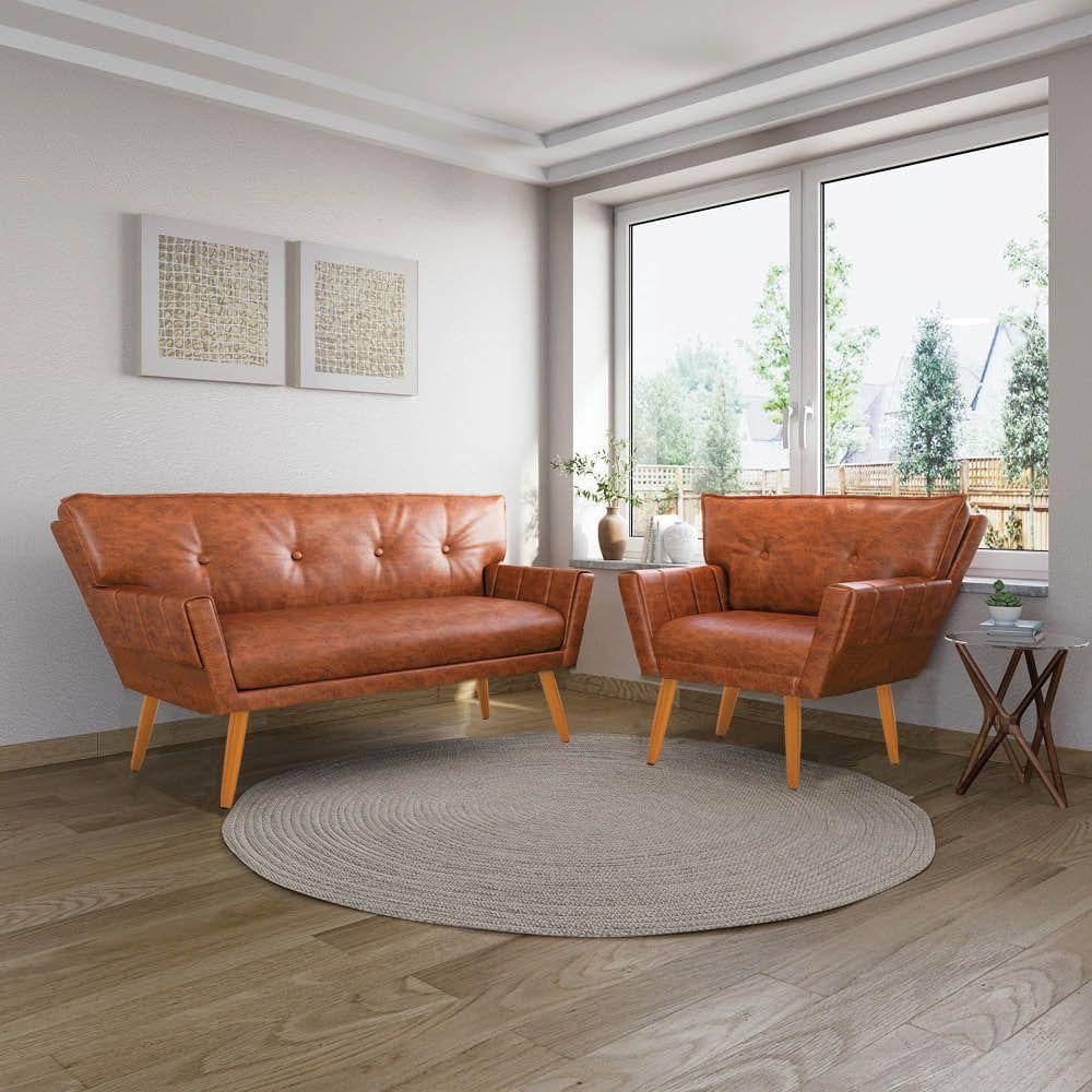 Sofá Namoradeira E Poltrona Pé Palito Madeira Anitta Sintético Pu Nozes D03 - D`rossi