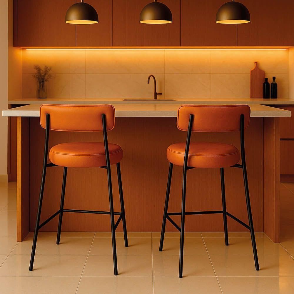 Banqueta Cozinha Média Com Encosto Industrial Preto Kit 2 Londres Pu D03 - D`rossi Whisky