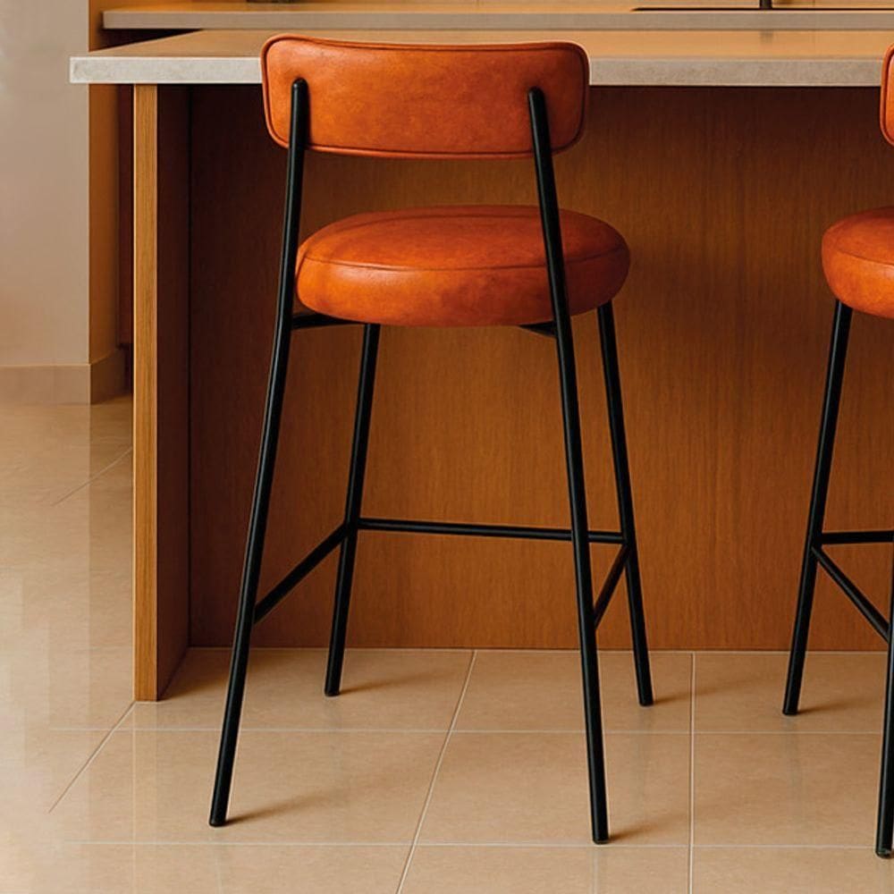 Banqueta Cozinha Média Com Encosto Industrial Preto Londres Pu Nozes D03 - D`rossi