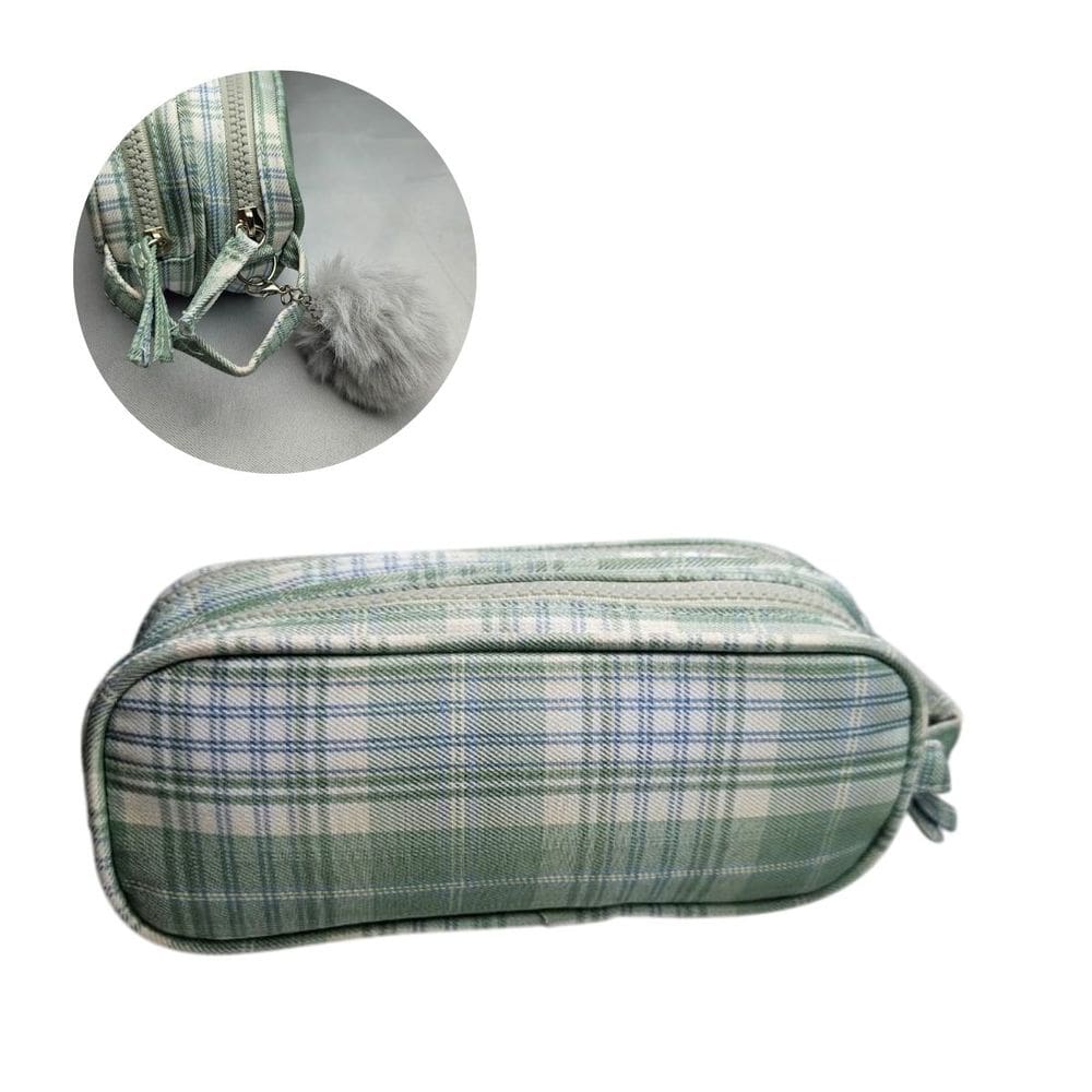 Estojo Necessaire Duplo Xadrez Verde com Pompom Escolar Maquiagem Colorido Lápís Material Aula