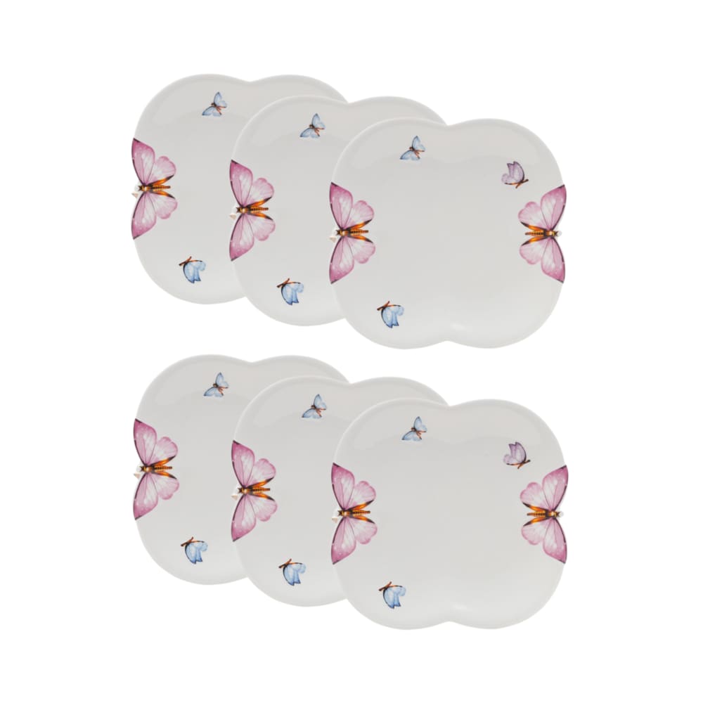 Cj 6 Pratos para Sobremesa de Porcelana Branca Borboletas 19cm Wolff