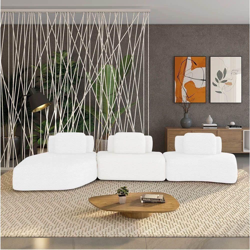 Sofá 3 Lugares Orgânico Com Chaise E 2 Módulos Berlim Bouclê Off White K01 - D`rossi