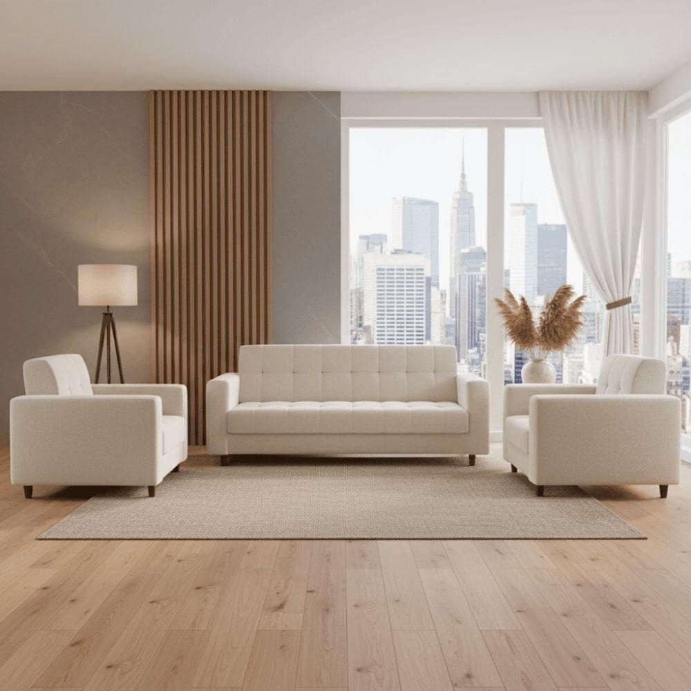 Kit 01 Sofá 3 Lugares E 02 Poltronas Arezzo Linho Areia A27 Pés Chanfrado Castanho D01 - D`rossi