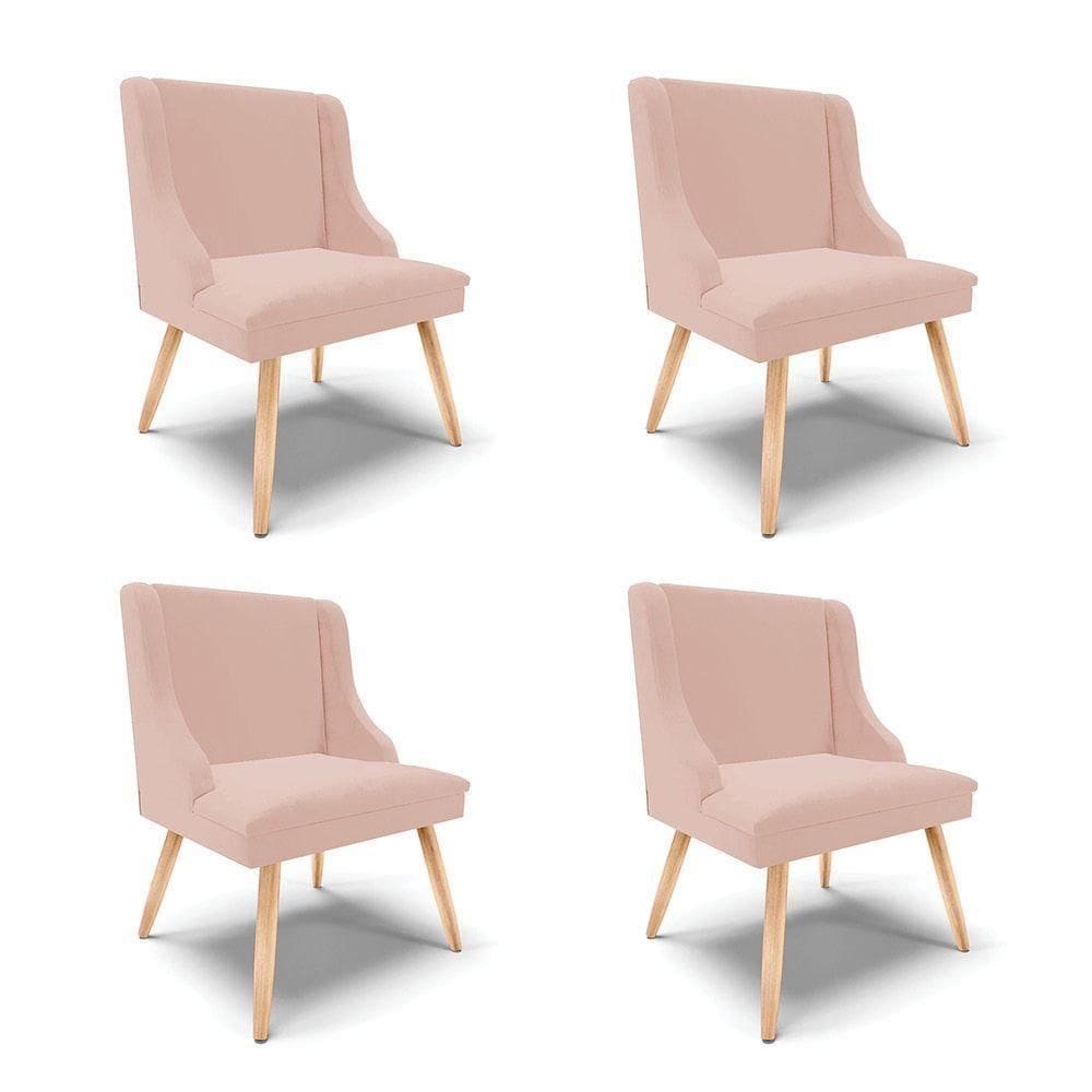 Kit 04 Cadeiras De Jantar Liz Veludo Rosê Pés Palito Natural D03 - D`rossi