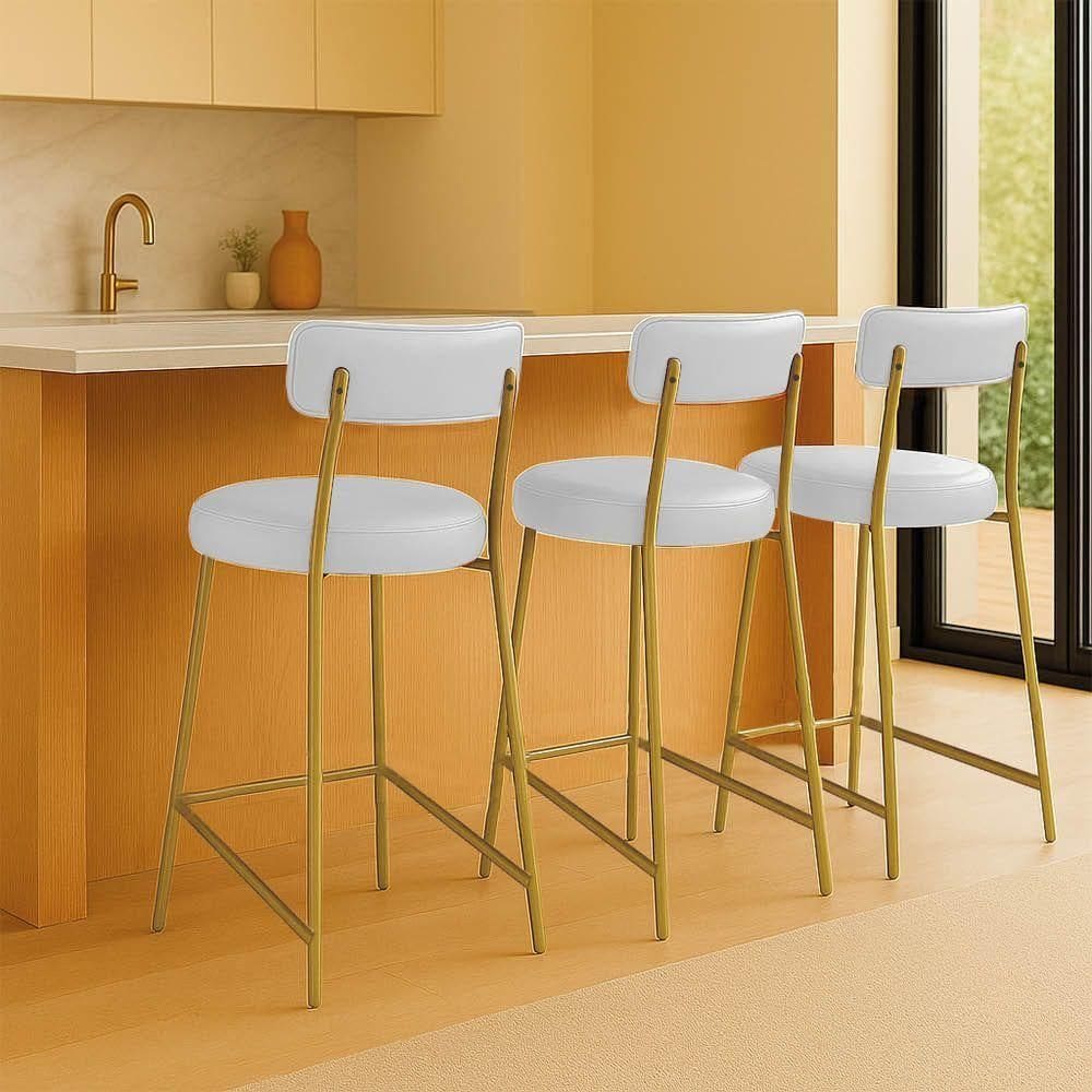 Banqueta Cozinha Alta Com Encosto Industrial Dourado Kit 3 Londres Pu D03 - D`rossi Branco