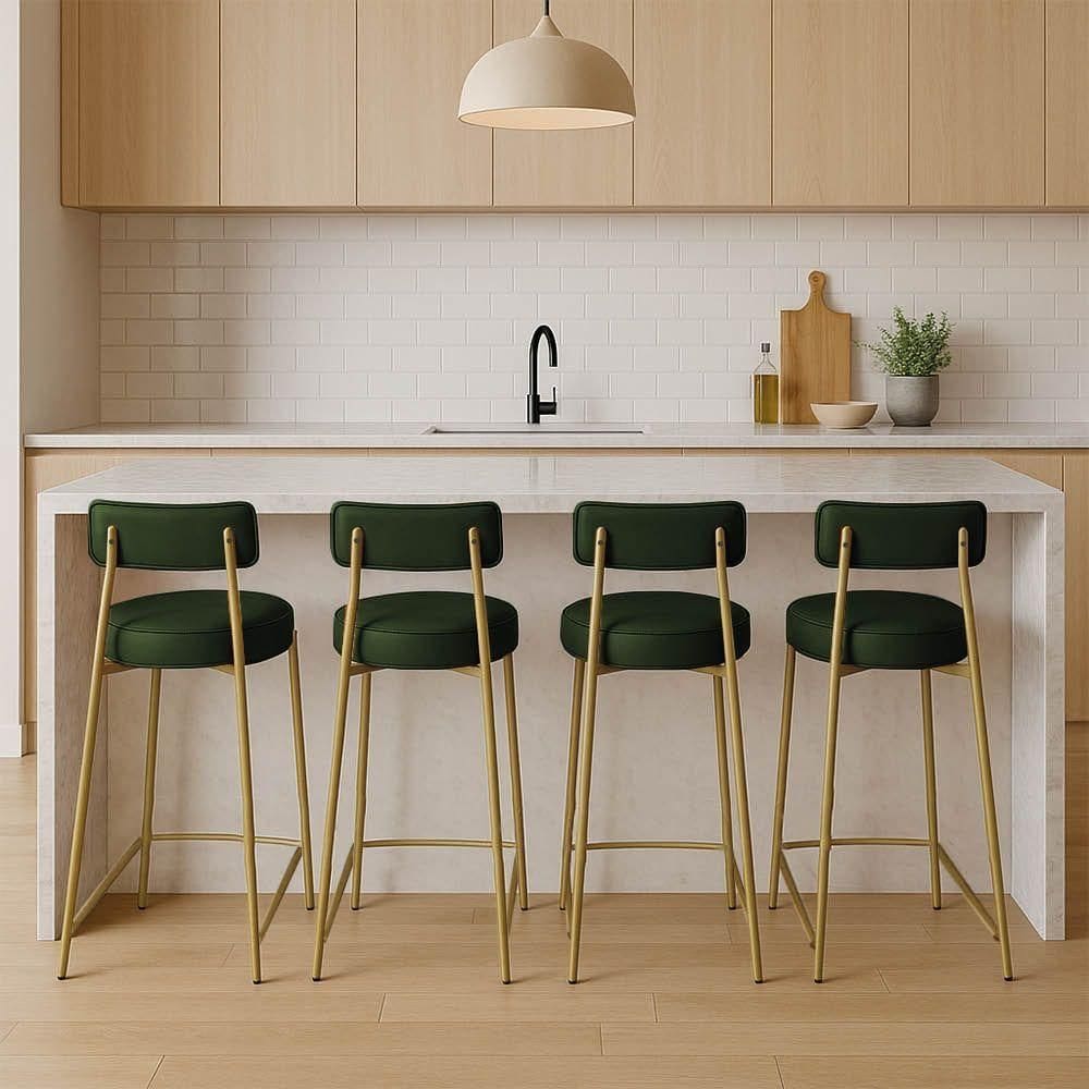 Banqueta Cozinha Média Com Encosto Industrial Dourado Kit 4 Londres Pu Verde D03 - D`rossi