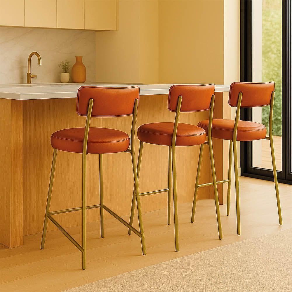 Banqueta Cozinha Alta Com Encosto Industrial Dourado Kit 3 Londres Pu Whisky D03 - D`rossi