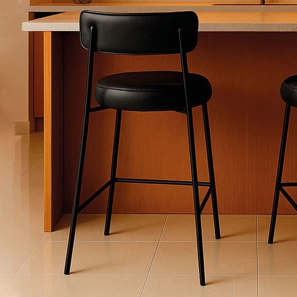 Banqueta Cozinha Média Com Encosto Industrial Preto Londres Pu Preto D03 - D`rossi