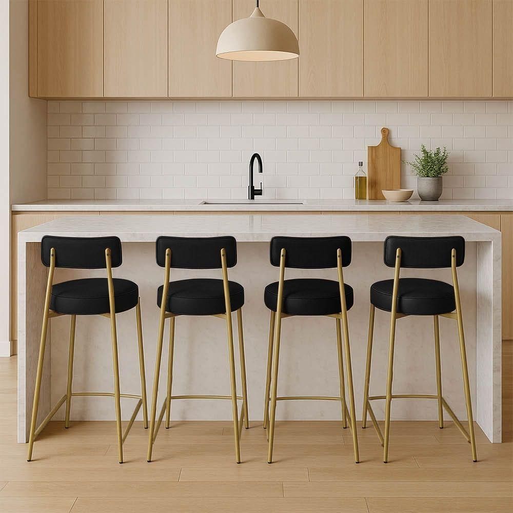 Banqueta Cozinha Alta Com Encosto Industrial Dourado Kit 4 Londres Pu D03 - D`rossi Preto