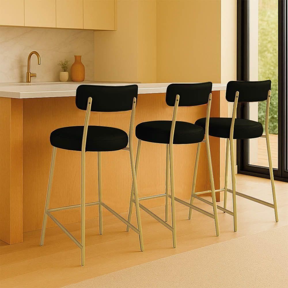 Banqueta Cozinha Média Com Encosto Industrial Champanhe Kit 3 Londres Pu D03 - D`rossi Preto