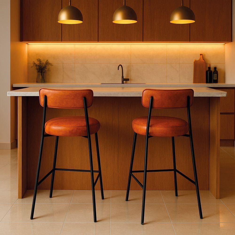 Banqueta Cozinha Média Com Encosto Industrial Preto Kit 2 Londres Pu D03 - D`rossi Nozes