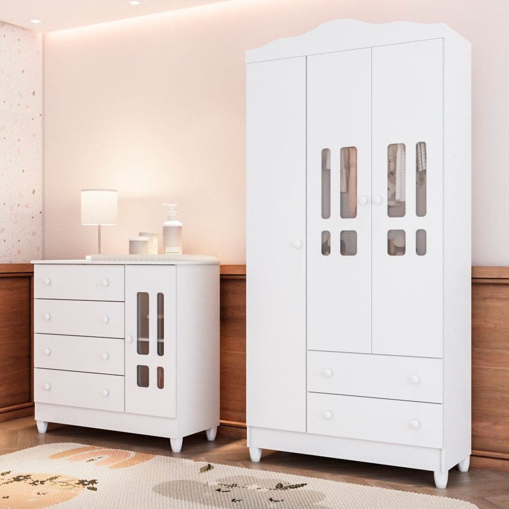 Quarto de Bebê Cômoda 1 Porta e Roupeiro 3 Portas Mdf Ariel Branco