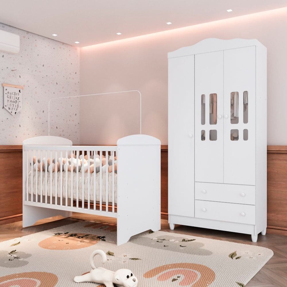 Quarto de Bebê Berço Eloá 3 em 1 e Roupeiro 3 Portas Mdf Ariel Branco