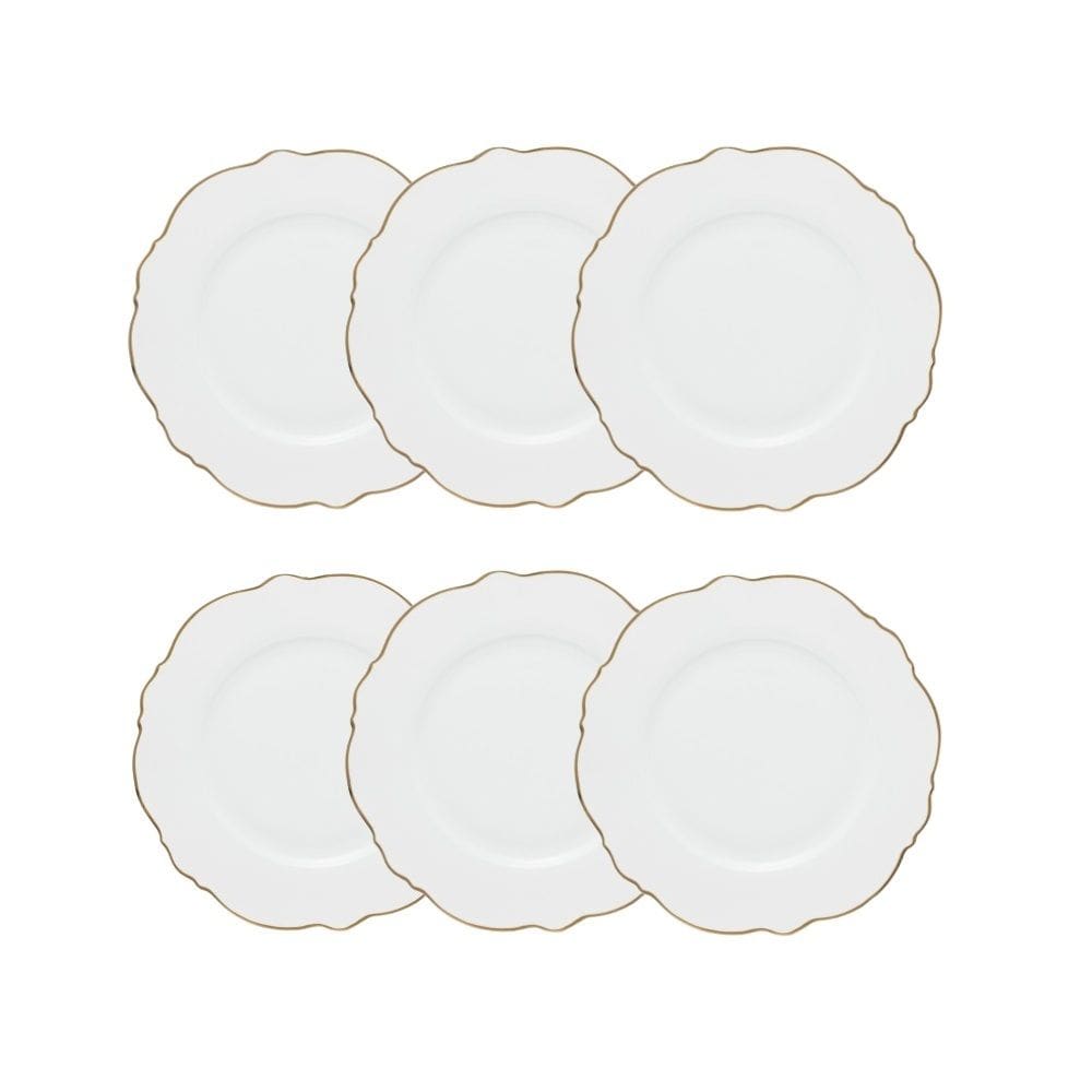 Cj 6 Pratos para Sobremesa de Porcelana Branca Maldivas C/Filete Dourado 21cm Wolff