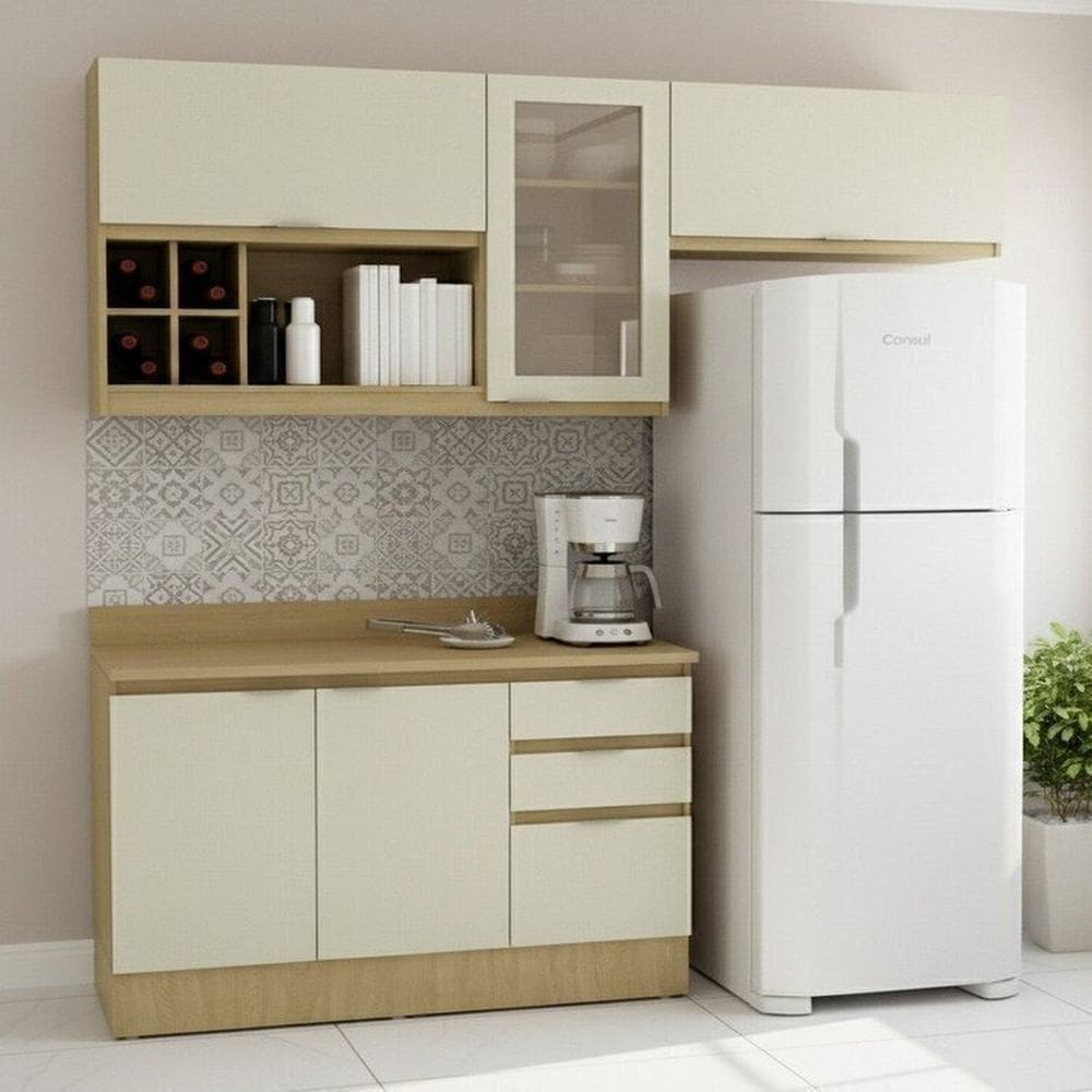 Cozinha Modulada 5 Peças 2 Aéreos 1 Balcão 120cm com Rodapé e Tampo Marrom