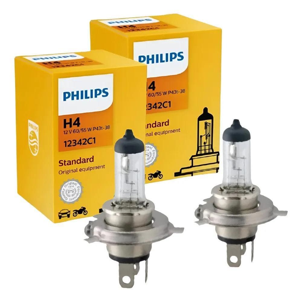 2X Par Lâmpadas Farol Baixo E Alto H4 Philips Halogena 12V