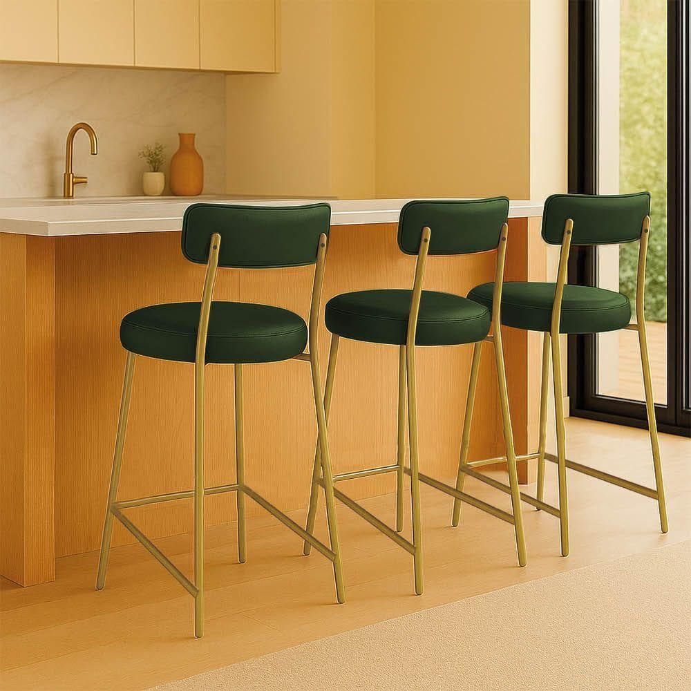 Banqueta Cozinha Média Com Encosto Industrial Dourado Kit 3 Londres Pu Verde D03 - D`rossi