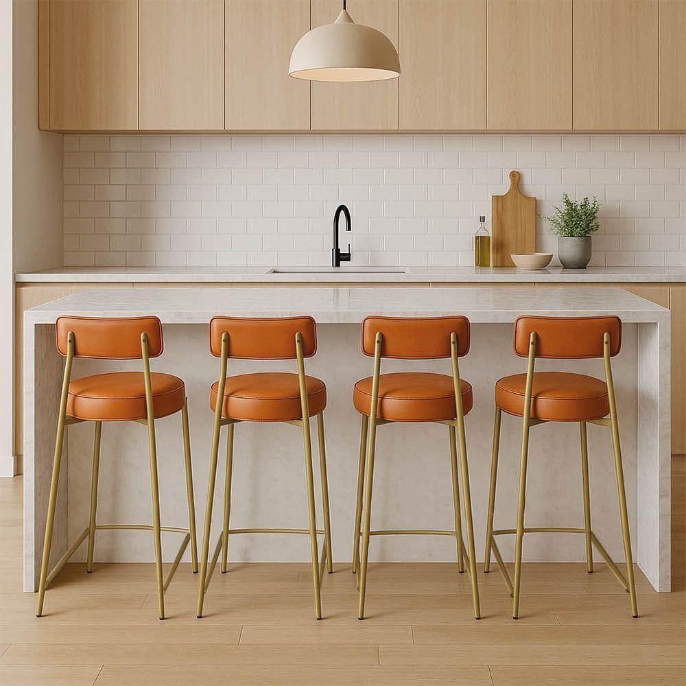 Banqueta Cozinha Alta Com Encosto Industrial Dourado Kit 4 Londres Pu Whisky D03 - D`rossi