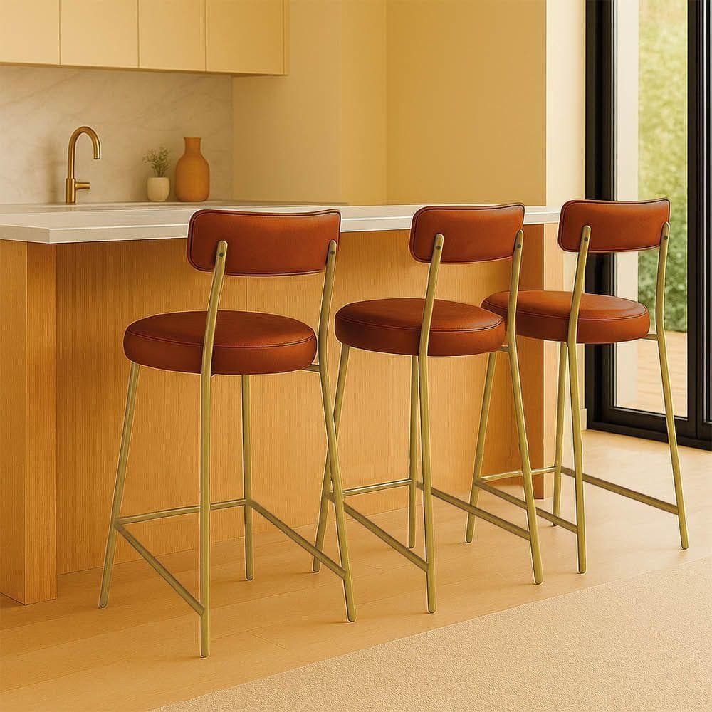 Banqueta Cozinha Média Com Encosto Industrial Dourado Kit 3 Londres Pu D03 - D`rossi Whisky