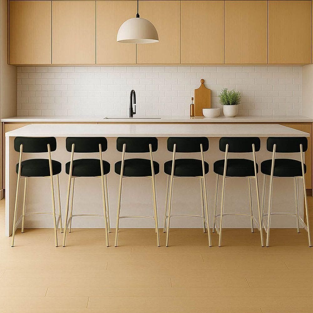 Banqueta Cozinha Alta Com Encosto Industrial Champanhe Kit 6 Londres Pu D03 - D`rossi Preto