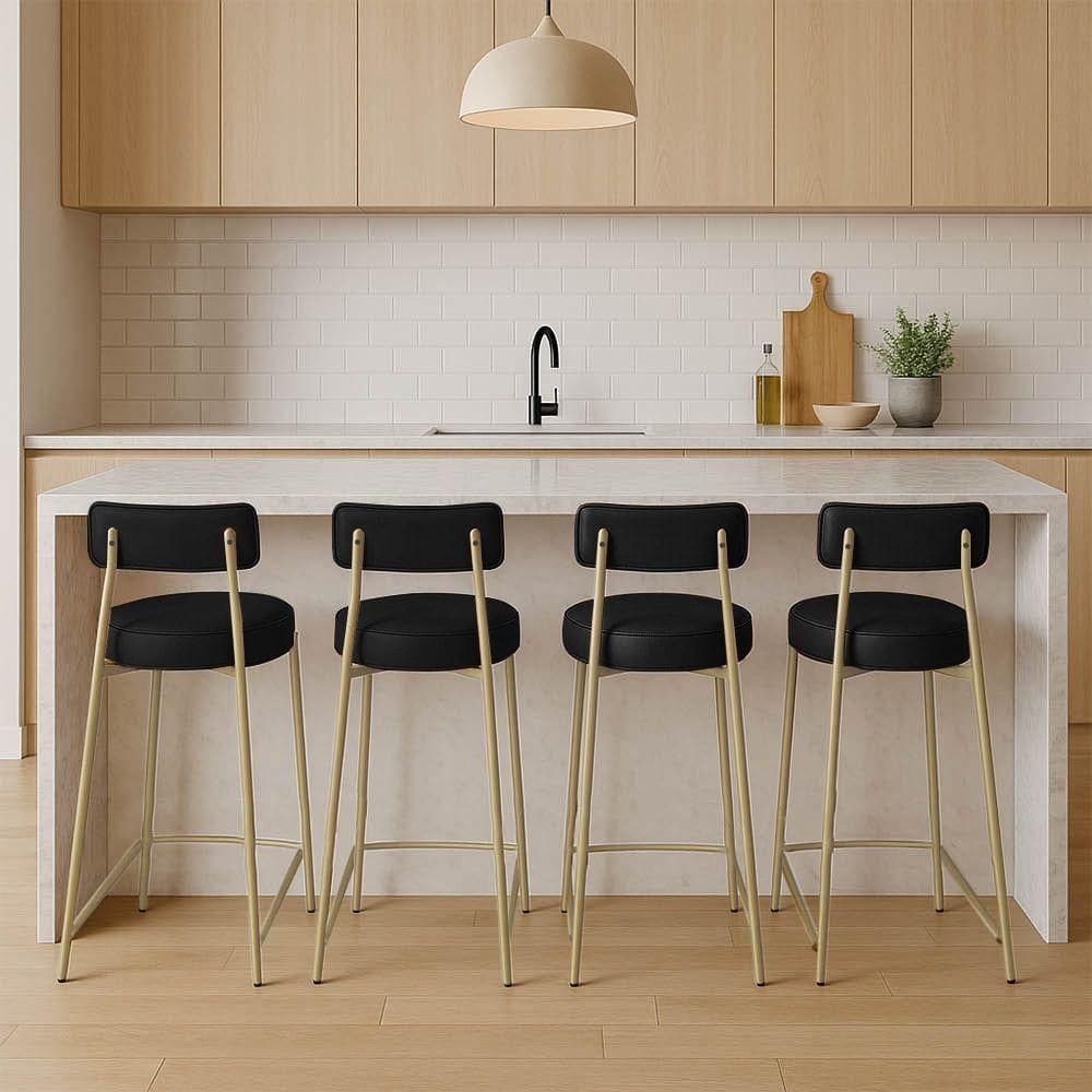 Banqueta Cozinha Alta Com Encosto Industrial Champanhe Kit 4 Londres Pu Preto D03 - D`rossi