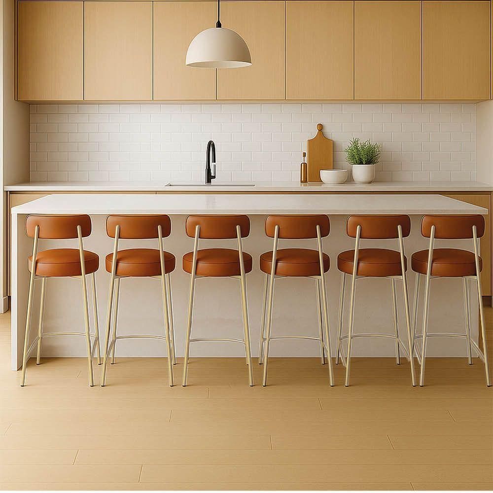 Banqueta Cozinha Média Com Encosto Industrial Champanhe Kit 6 Londres Pu D03 - D`rossi Nozes