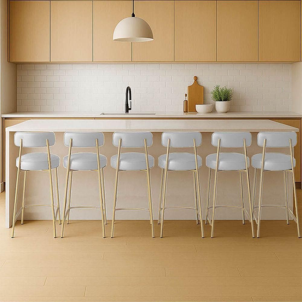 Banqueta Cozinha Alta Com Encosto Industrial Champanhe Kit 6 Londres Pu D03 - D`rossi Branco