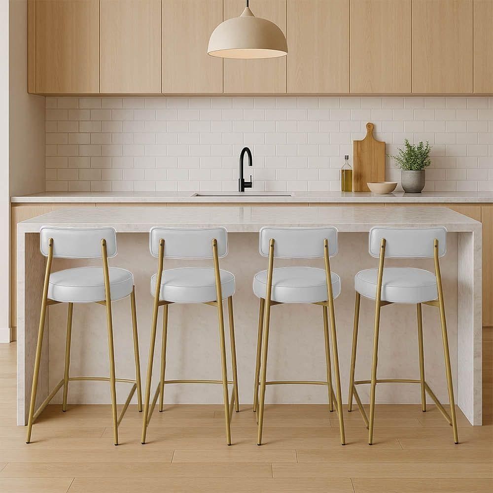 Banqueta Cozinha Alta Com Encosto Industrial Dourado Kit 4 Londres Pu Branco D03 - D`rossi