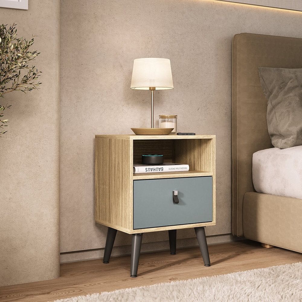 Mesa de Cabeceira com Gaveta e Pés Palito Amendoa / Acqua