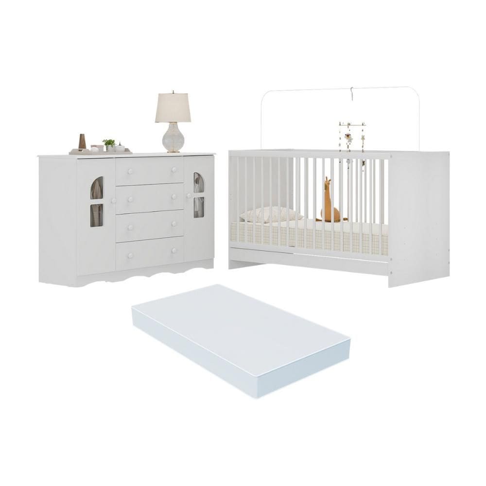 Berço 3 em 1 com Colchão Incluso e Cômoda 2 Portas 4 Gavetas Liz Multimóveis MP4773