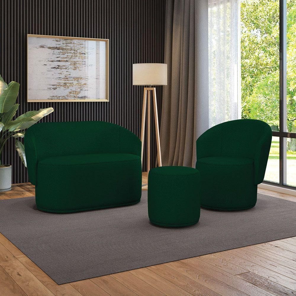 Sofá Namoradeira Com Poltrona E Puff Orgânico Sala Malu Bouclê M11 - D`rossi Verde