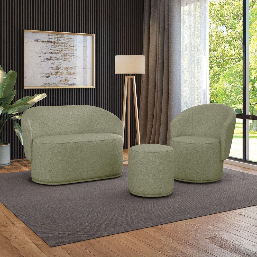 Sofá Namoradeira Com Poltrona E Puff Orgânico Sala Malu Bouclê M11 - D`rossi Pistache